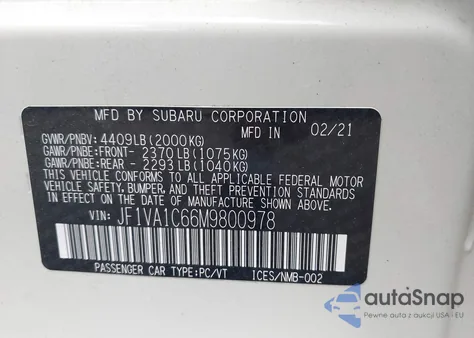 2021 Subaru Wrx Premium z USA, uszkodzony, nr VIN JF1VA1C66M9800978